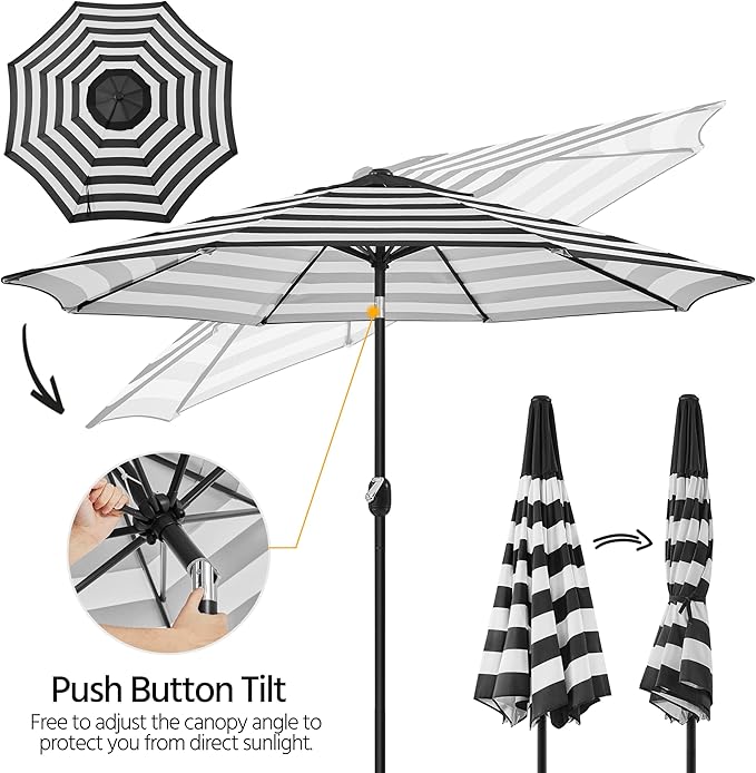 Yaheetech 9FT Patio Umbrella Outdoor Umbrella Patio Yard Market Table Umbrella with Push Button Tilt & Crank for Garden/Beach/Lawn/Deck/Backyard/Pool, 8 Ribs, Black/White