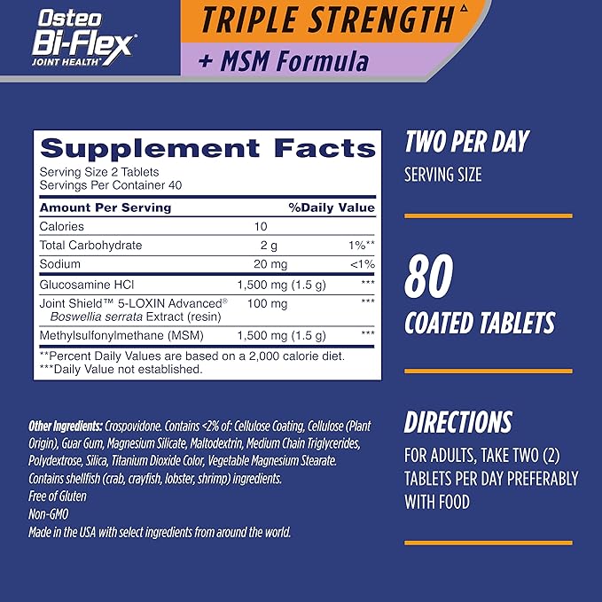 Osteo Bi-Flex Triple Strength(5) with MSM, Glucosamine Joint Health Supplement, Coated Tablets, 80 Count (Pack of 2)