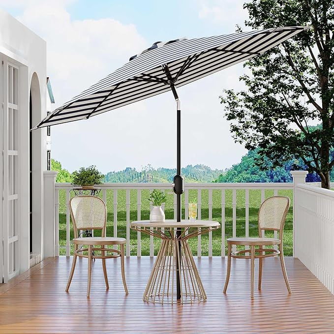 9Ft Patio Umbrella - 8 Sturdy Ribs Outdoor Table Umbrella with Crank Lift & Push Button Tilt - Market Umbrella for Pool, Deck, Yard, Garden - Light blue & White Stripe