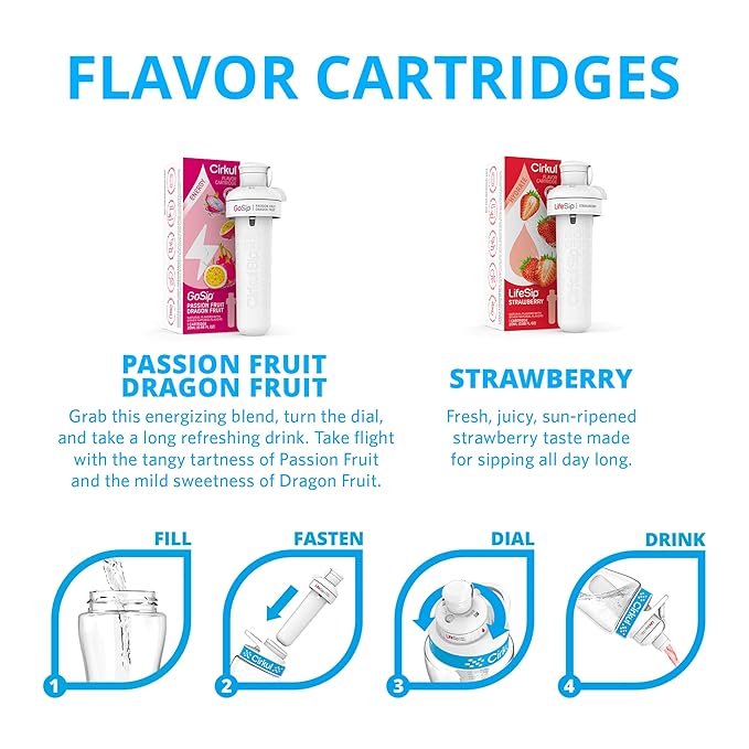 Cirkul 32oz. Hot Pink Stainless Steel Water Bottle Starter Kit with Pink Lid and 2 Flavor Cartridges (1 LifeSip Strawberry, 1 GoSip Passion Fruit Dragon Fruit) Zero Calories and No Sugar