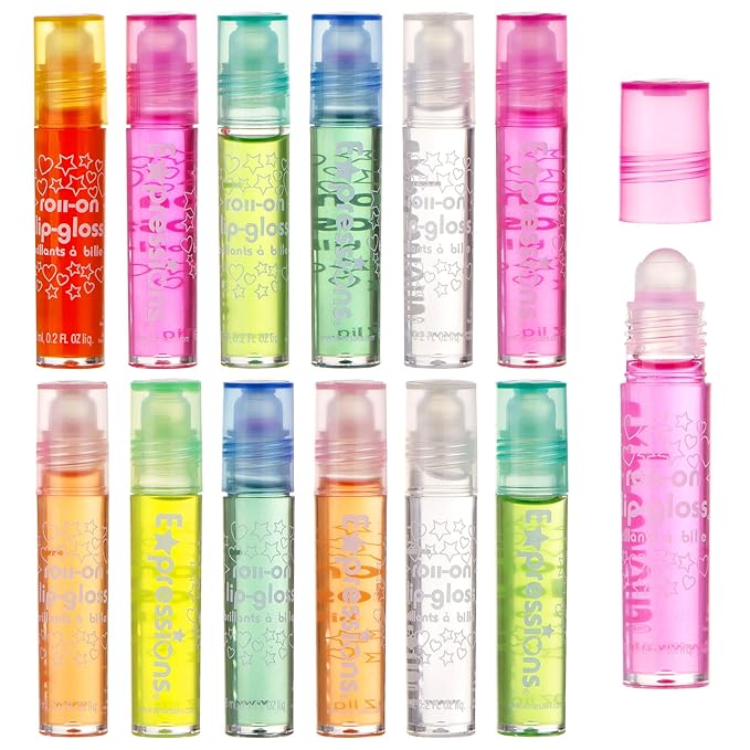 Expressions girl 12pc Roll On Lip Gloss Set with Carrying Case, Glossy Lip Make-up for Kids and Teens - Fruity Flavors, Non Toxic, Kid Friendly, Party Gift, Best Friends