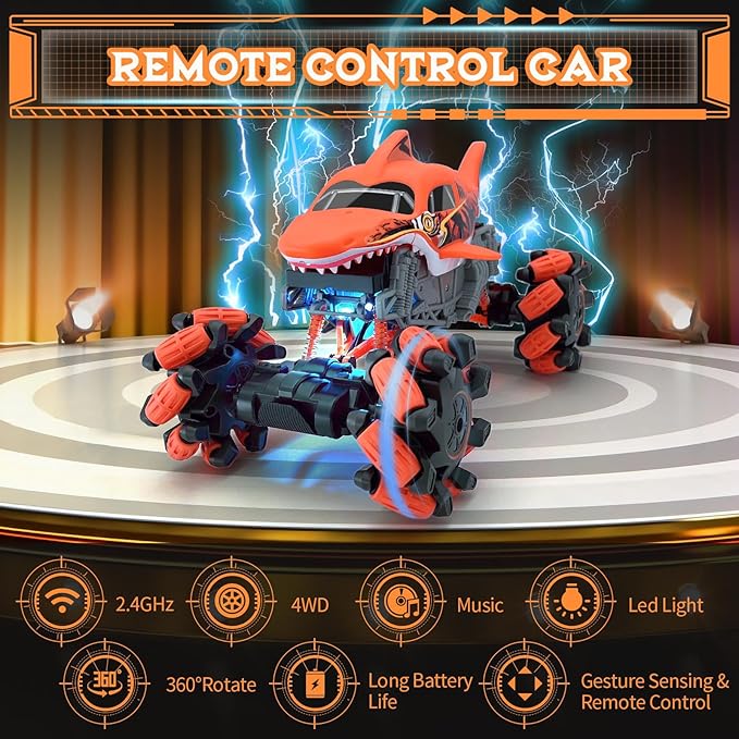 Remote Control Car, Shark Monster Truck with Gesture Sensor, 1:16 30km/h Off-Road Rc Cars, 360°Rotation All Terrain 2.4Ghz 4WD Truck Toy Gift for Boys Girls 3+ Years