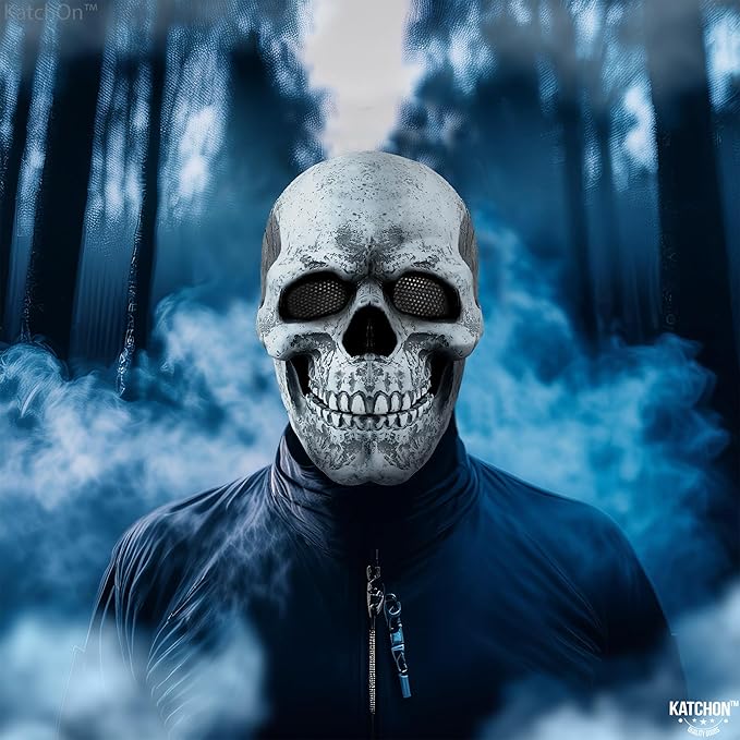 KatchOn Creepy Halloween Skull Mask Full Head with Movable Jaw - Realistic Latex Skull Mask Costume for Adults