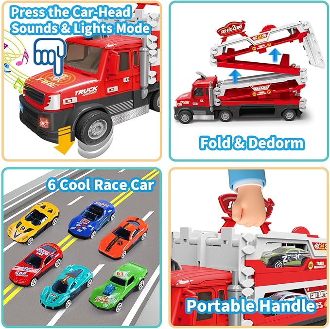 Carrier Truck Race Track Kids Toys, 4.6-FT Foldable Hauler Track Ejection Car Police Trucks Toy and 6 Racing Car with Light&Sounds, Truck Toy Child Xmas Gifts for 3+ Year Old Boys Girls-Red
