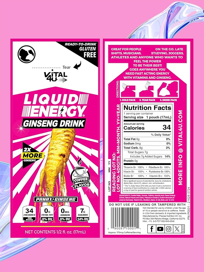 Vital 4U® Liquid Energy Shot - Ginseng, B Vitamins, Naturally Sweetened, Coffee Flavor, 24 ct
