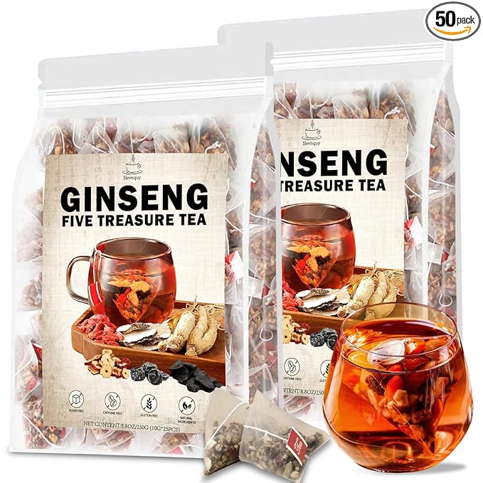 Premium Ginseng Five Treasure Tea - Nourishing Formula with Red Dates & Six Precious Herbs,Chinese Herbal Blend for Men and Women, 2 Pack (50 Tea Bags)