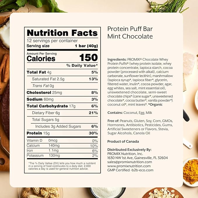 ProMix Nutrition Protein Puff Bars - Mint Chocolate- Marshmallow Crispy Treat - Great Tasting & Healthy On The Go Snack - High Protein & Low Calorie -Free From Gluten, Soy, & Corn - 12 Bars