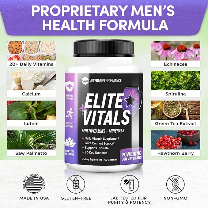Elite Vitals Multivitamin for Men β Daily Mens Multivitamins Ages Over 20 Plus β Prostrate Energy Immune Joint Support β Daily Mens Vitamins and Minerals (2 pack)