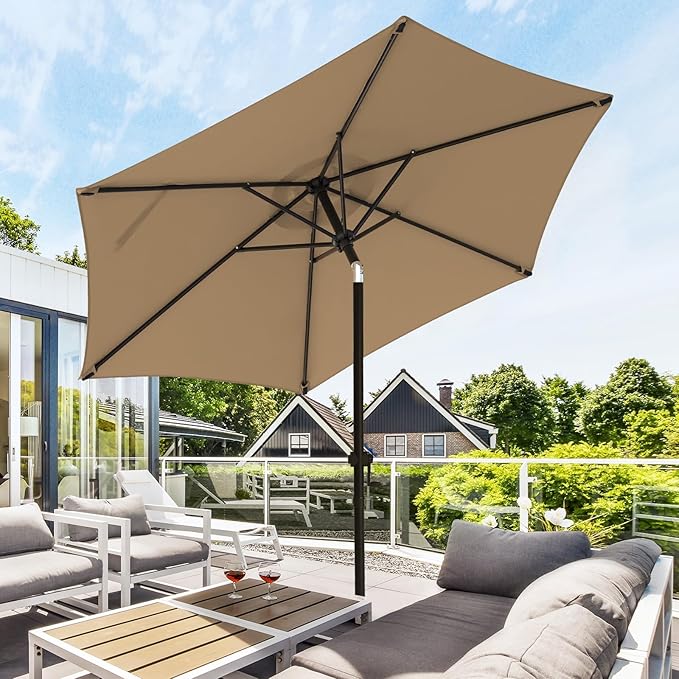 wikiwiki 7.5 FT Patio Umbrellas Outdoor Table Market Umbrella with Push Button Tilt/Crank, 6 Sturdy Ribs, Fade Resistant Waterproof POLYESTER DTY Canopy for Garden, Lawn, Deck, Backyard & Pool, Tan