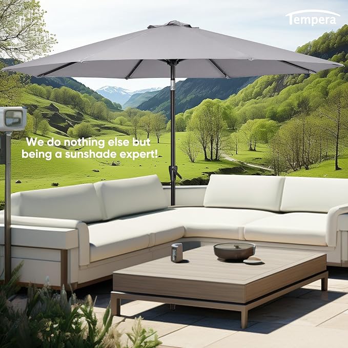 Tempera Patio Market Outdoor Table Umbrella with Push Button Tilt and Crank,Large Sun Umbrella with Sturdy Pole&Fade resistant canopy,Easy to set