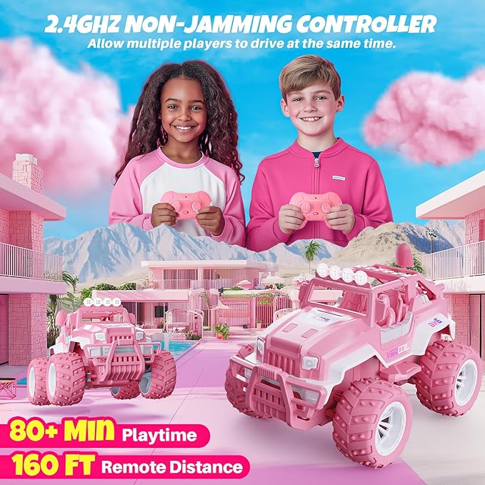 BEZGAR Remote Control Car for Girls - 1:16 Pink RC Cars with Action Figure & 4 Windmills, 2.4GHz with LED Lights, 80 Mins Play with Rechargeable Battery, Monster Truck Jeep Toys Gifts for Kids