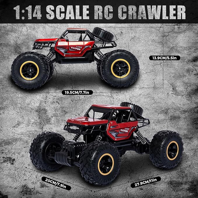 Red RC Trucks Remote Control Car 1:14 Off Road Monster Truck,Metal Shell Crawler,2.4Ghz 20km/h High Speed All Terrain Hobby Truck
