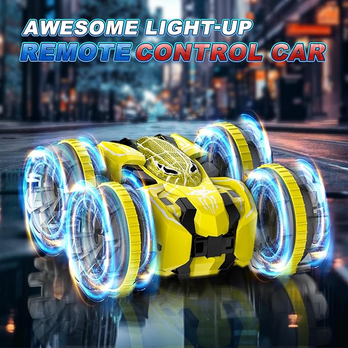 Waterproof Remote Control Car,4WD Amphibious 2.4 GHz RC Car Remote Control Boat,360°Rotation RC Stunt with LED Lights,Boys Girls Gifts All Terrain Water Beach Pool Toy Yellow