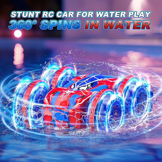 Waterproof Remote Control Car,4WD Amphibious 2.4 GHz RC Car Remote Control Boat,360°Rotation RC Stunt with LED Lights,Boys Girls Gifts All Terrain Water Beach Pool Toy