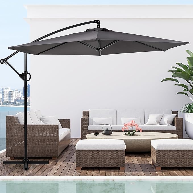 Shintenchi Patio Umbrella,Hanging Offset Umbrella, Outdoor Cantilever Hanging Umbrella with Easy Tilt,Crank, Cross Base, Poolside Sun Shade Canopy, Dark Gray