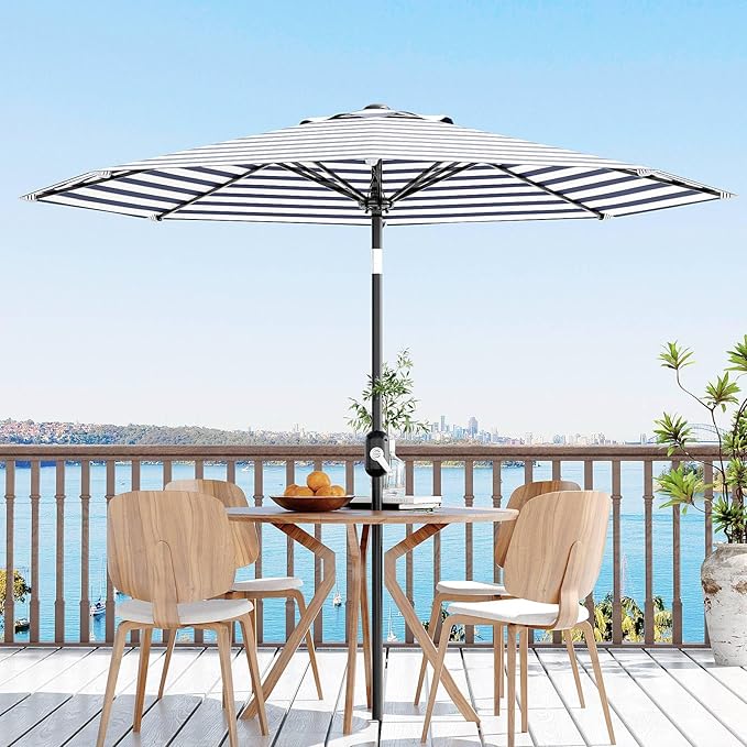 9Ft Patio Umbrella - 8 Sturdy Ribs Outdoor Table Umbrella with Crank Lift & Push Button Tilt - Market Umbrella for Pool, Deck, Yard, Garden - Light blue & White Stripe