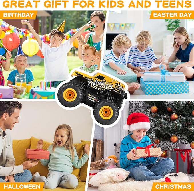 DYODYORC Remote Control Car, 2.4Ghz All Terrain Monster Truck Toys, RC Truck with Music, 3 Lighting Effects, 360 Stunt Capable, All Included Ready to Run, Toy Gifts for Boys and Girls (Yellow)