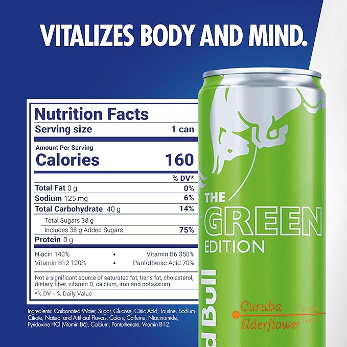 Red Bull Green Edition Energy Drink, Curuba Elderflower, with 114mg Caffeine plus Taurine & B Vitamins, 12 Fl Oz, 6 Packs of 4 Cans (Pack of 24)