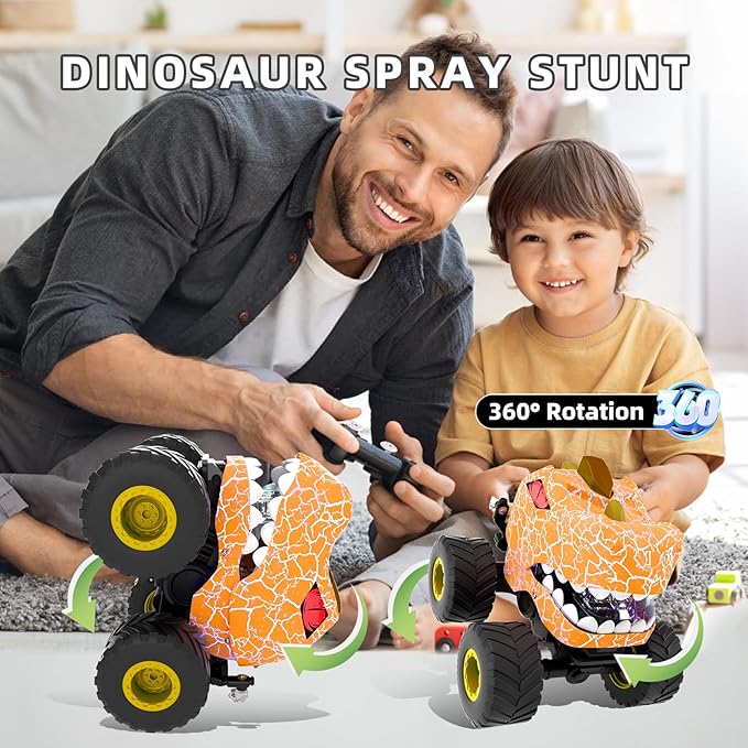 Dinosaur Remote Control Car,RC Monster Trucks for Boys 3-12 Year Old,360° Rotating RC Stunt Car Truck Toys with Spray,Light & Sound,All Terrain RC Cars Birthday Party Gift for Kids (Orange)