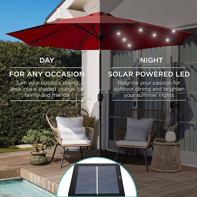 Best Choice Products 10ft Solar Polyester LED Lighted Patio Umbrella w/Tilt Adjustment and UV-Resistant Fabric - Red