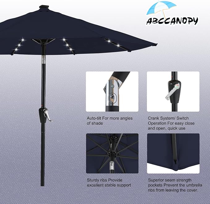 ABCCANOPY Durable Solar Led Patio Umbrellas with 24LED Lights 7.5FT (Navy Blue)