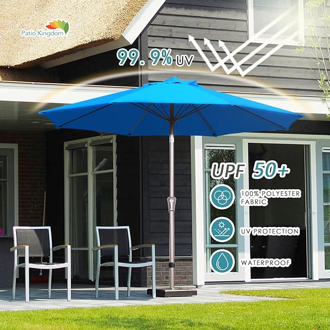 PatioKingdom 9FT Patio Outdoor Umbrella-UPF 50+ Sun Shade with Wind Vent, Push-Button Tilt & Smooth Crank Lift, Rust-Resistant Fiberglass Frame for Garden, Backyard,Yard
