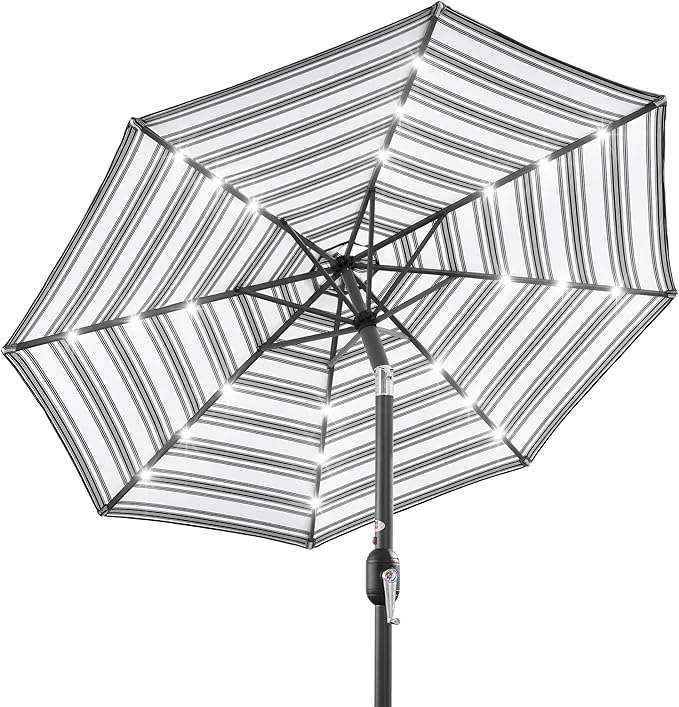 Best Choice Products 10ft Solar Polyester LED Lighted Patio Umbrella w/Tilt Adjustment and UV-Resistant Fabric - Striped Black
