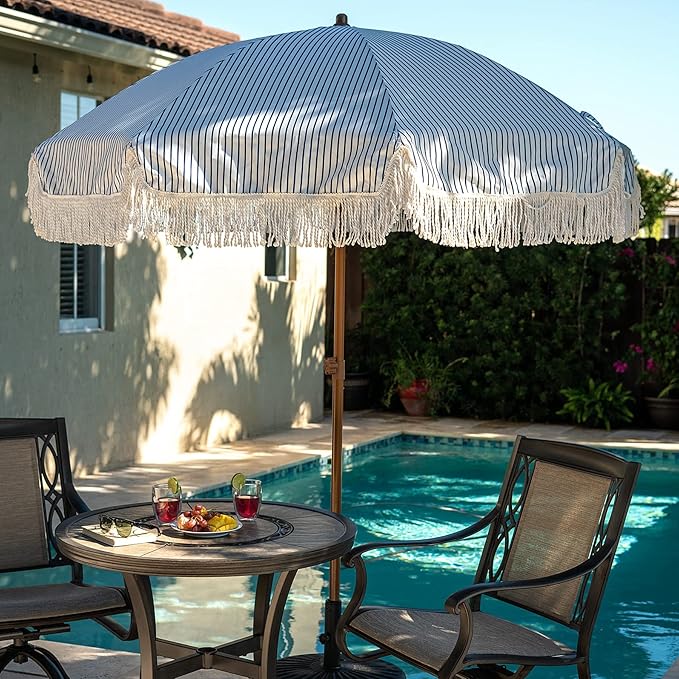 AMMSUN 7ft Patio Umbrella with Fringe Outdoor Tassel Umbrella UPF50+ Premium Steel Pole and Ribs Push Button Tilt, Navy Blue Stripes