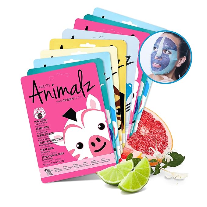 masque BAR Pretty Animalz Facial Sheet Masks, Fun & Unique Skincare Face Mask with Animal Character Prints, Hydrating & Soothing Korean Facial Mask, Nourishing & Exfoliating Skin Care, Pack of 9