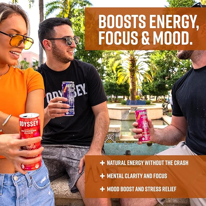 Odyssey Elixir Cognition + Sustainable Energy - Lion's Mane, Cordyceps, L Theanine, Ginseng & 85mg Green Tea Caffeine - 0 Added Sugar - No Jitters or Crash - Orange - 12 Fl oz, 12 Pack