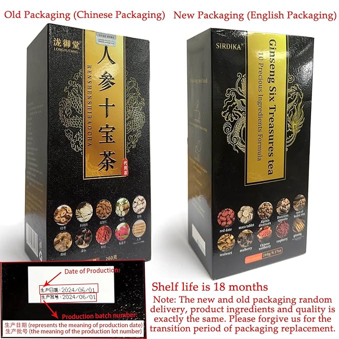 Kidney tea formula Ginseng Six Treasure Tea, 10 Precious Ingredients Formula, 260g/Box Ginseng Five Treasure Aid Root Kidney Tea, Men's Kidney Tea Chinese Herbal Tea (20 bags/2Box)