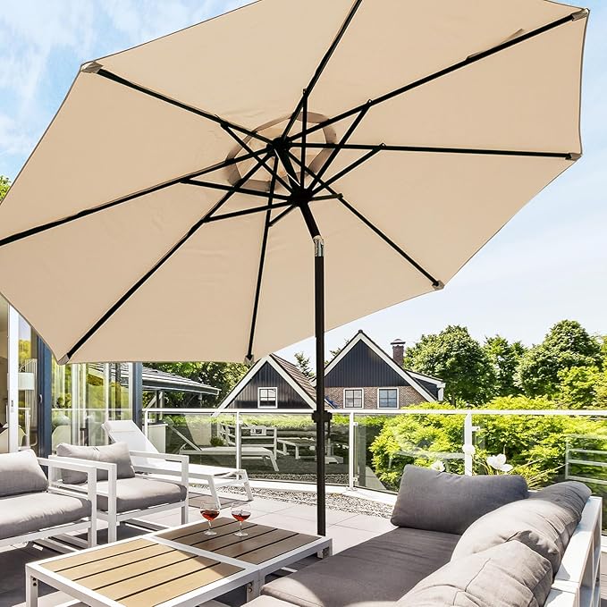 wikiwiki 10 FT Patio Umbrellas Outdoor Table Market Umbrella with Push Button Tilt/Crank, 8 Sturdy Ribs, Fade Resistant Waterproof POLYESTER DTY Canopy for Garden, Lawn, Deck, Backyard & Pool, Beige