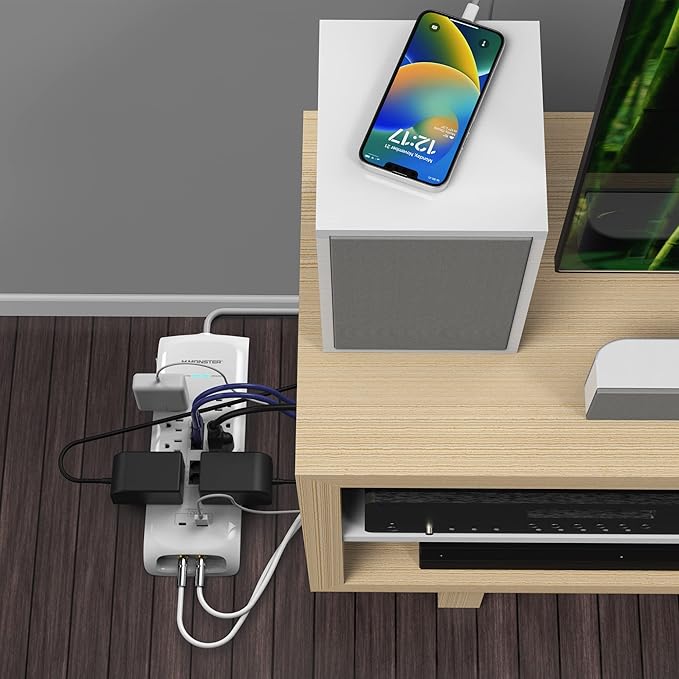 Monster White Heavy Duty Surge Protector Power Strip 6 ft Cord with 8 120V-Outlet Extension, 2 Ethernet Switch Ports, 4050J Rating, 1 USB-A, and 1 USB-C Charging Ports – Ideal for Computers & Offices