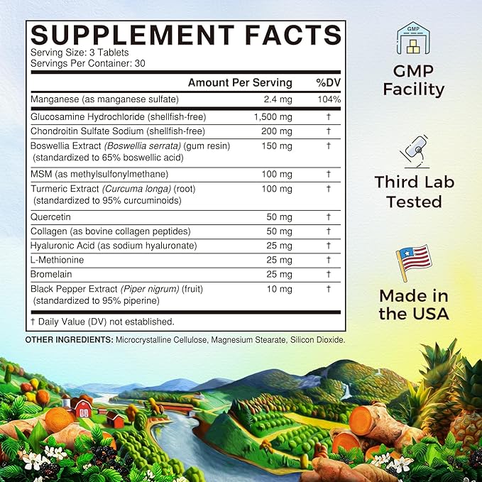 Vitalitown Glucosamine Chondroitin MSM | Collagen, Boswellia, Turmeric, Hyaluronic Acid, Bromelain | Triple Action+ Joint Formula | 12 Joint-Loving Ingredients | 90 Tablets, No Shellfish
