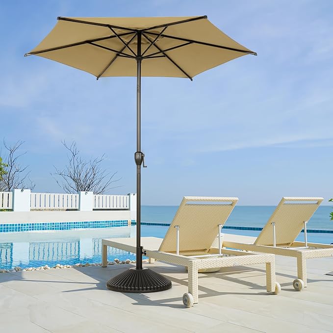 Abba Patio 7.5FT Lyon Outdoor Patio Umbrella Outdoor Table Umbrella with Push Button Tilt and Crank Market Umbrella 6 Sturdy Ribs UV Protection Waterproof for Garden Deck Backyard Pool Tan
