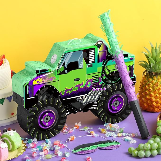 Threan Monster Truck Party Decorations Green and Purple Monster Truck Piñata Racing Car Piñata Game with Stick Blindfold for Adults Cool Birthday Party Decor Supplies