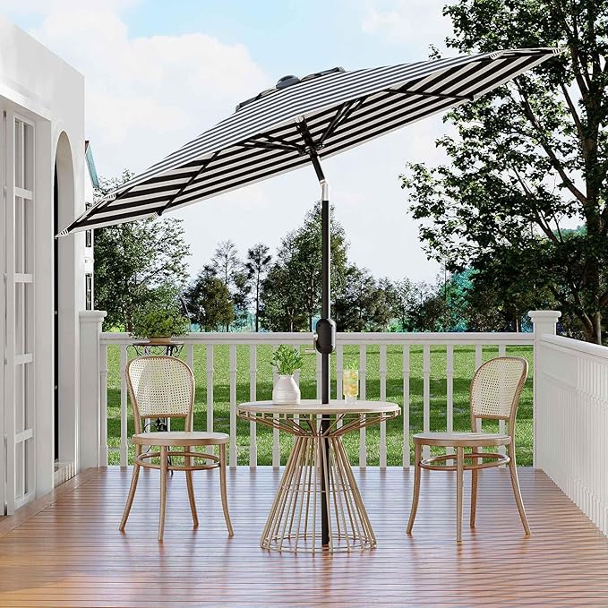 9Ft Patio Umbrella - 8 Sturdy Ribs Outdoor Table Umbrella with Crank Lift & Push Button Tilt - Market Umbrella for Pool, Deck, Yard, Garden - Black & White Stripe