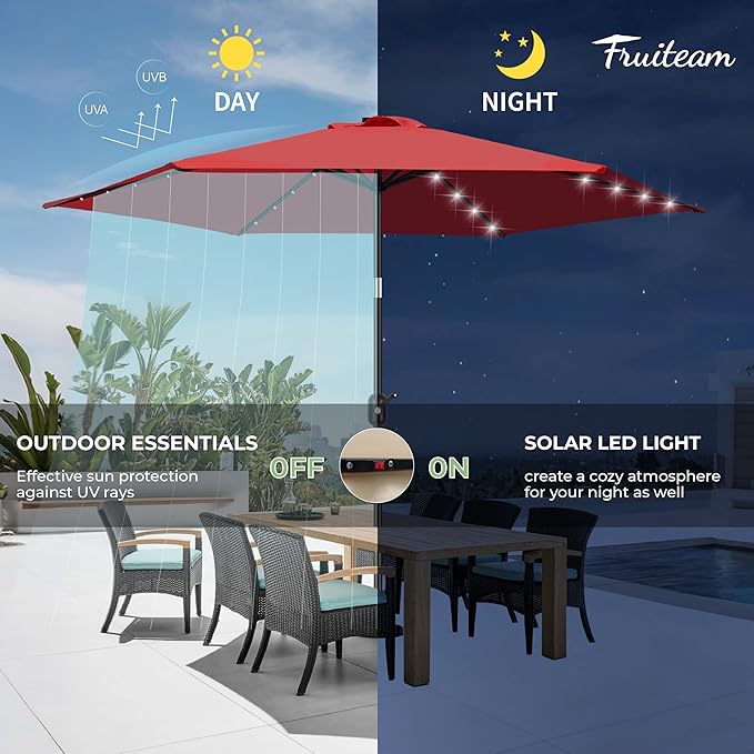 FRUITEAM Solar Patio Umbrella Outdoor LED Umbrella 7 1/2 FT Table Umbrella with Lights Patio Umbrella with with Sturdy Ribs/Crank and Tilt Adjustment for Garden/Poolside/Backyard,