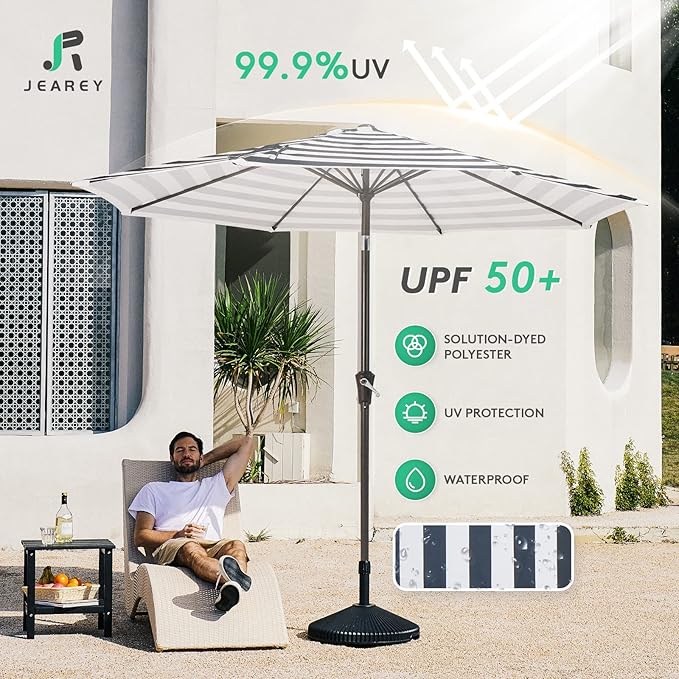 JEAREY 9FT Outdoor Patio Umbrella Outdoor Table Umbrella with Push Button Tilt and Crank, Market Umbrella 8 Sturdy Ribs UV Protection Waterproof for Garden, Deck, Backyard, Pool (Black & White Stripe)