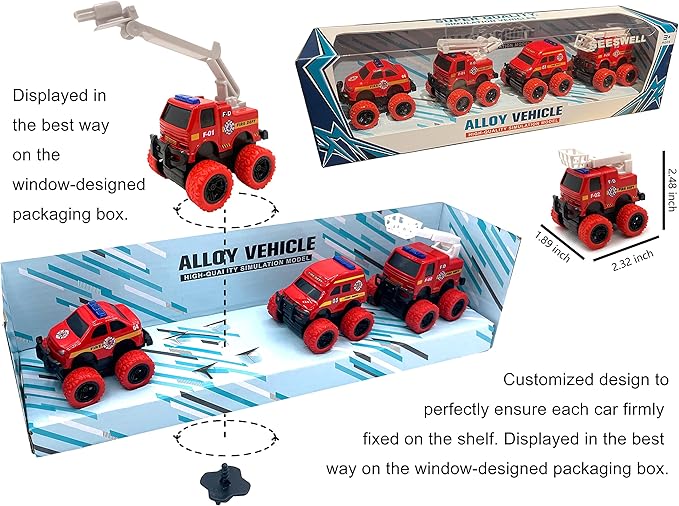 Pull Back Die-cast Alloy Fire Truck Vehicles Play Set,Monster Truck Model Cars,Friction Powered Toy Cars,4 Pack,Toys for 3 4 5 + Years Old Kids,Christmas/Birthday Gifts for Boys & Girls,Party Favors