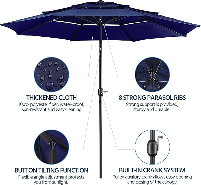 Yaheetech 3-Tier Patio Parasol 10ft Vented Outdoor Table Umbrella Double-layer Cloth & Large Shade for Yard/Garden/Park/Garden Navy Blue