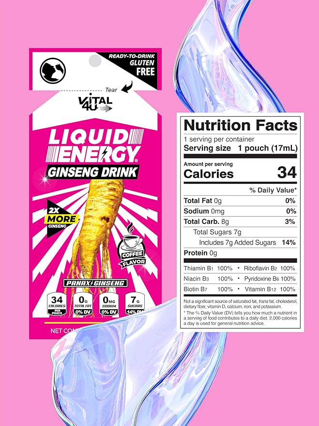 Vital 4U® Liquid Energy Shot - Ginseng, B Vitamins, Naturally Sweetened, Coffee Flavor, 24 ct