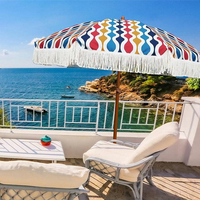 AMMSUN 7ft Patio Umbrella with Fringe Outdoor Tassel Umbrella UPF50+ Premium Steel Pole and Ribs Push Button Tilt, Wave Colorful