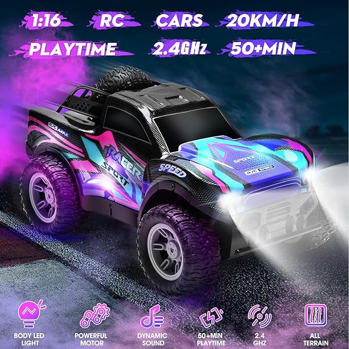 RC Cars 1:16 Remote Control Car for Boys 4-7 8-12,All Terrain Rechargeable Remote Control Truck for Kids, 2.4GHz Rc Monster Truck with Bodylight&Music&Spray, 20KM/H Car Toys for Ages 5-7, 8-13 Purple