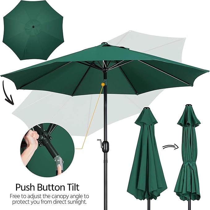 Yaheetech 9FT Patio Umbrella Market Table Umbrella Outdoor Canopy Umbrella with Push Button Tilt & Easy Crank Lift for Garden/Lawn/Deck/Backyard/Beach/Pool, 8 Ribs, Dark Green