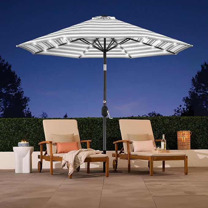 Best Choice Products 10ft Solar Polyester LED Lighted Patio Umbrella w/Tilt Adjustment and UV-Resistant Fabric - Striped Gray