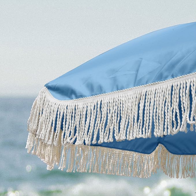 AMMSUN 7ft Patio Umbrella with Fringe Outdoor Tassel Umbrella UPF50+ Premium Steel Pole and Ribs Push Button Tilt, Sky Blue