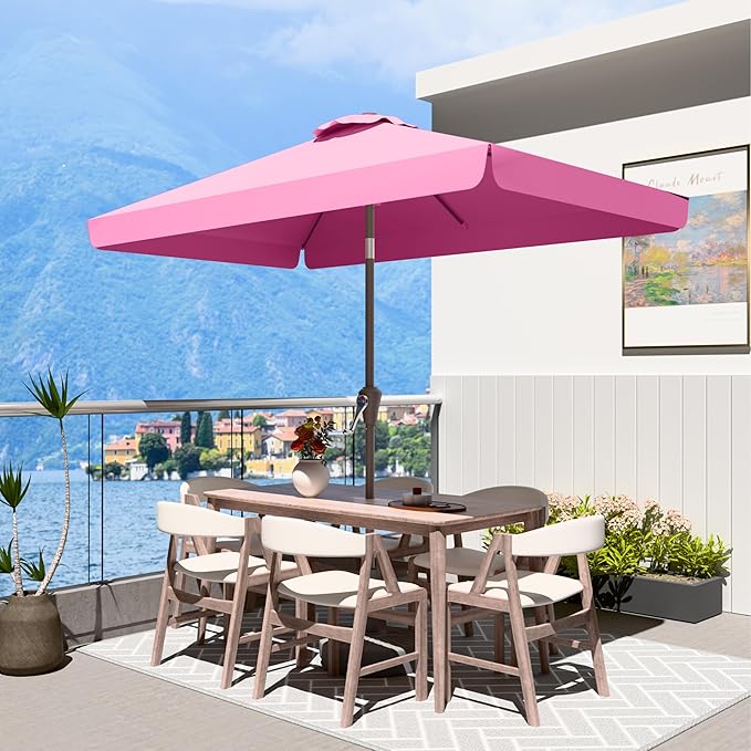 6.5 * 10FT Rectangular Patio Umbrella Table Market Umbrella w/Tilt and Crank Outdoor Umbrellas for Garden, Deck, Backyard, Pool and Beach, Rose Pink