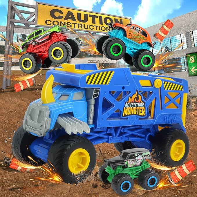 Monster Trucks Hauler Rhino with 3 Mini Trucks & Super Ramp Launch, Gift for Kids Ages 3+ Years