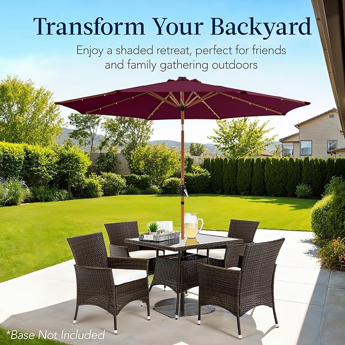 Best Choice Products 10ft Solar Market Patio Umbrella w/Woodgrain Pattern Pole, LED Lights, Tilt & Crank – Outdoor Sun Shade for Backyard Table, Deck, Poolside – Burgundy